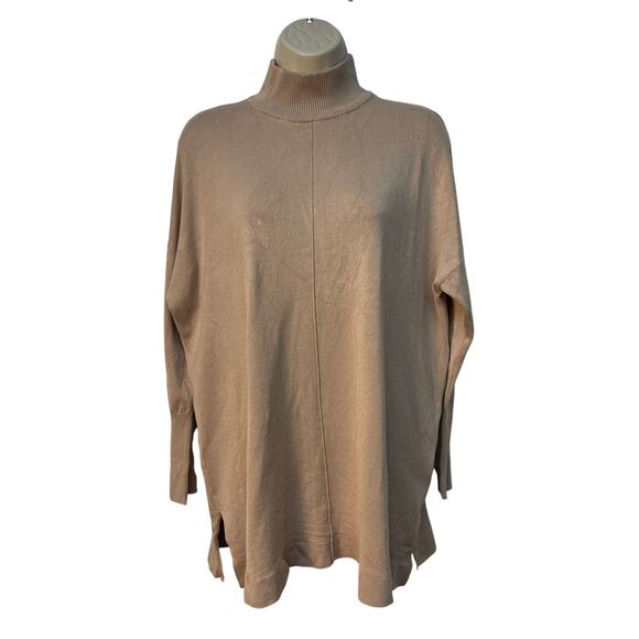 Anne Klein Tan Mock Neck Sweater Gold Button Detail Side Slits Large - Picture 1 of 10